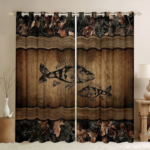 Camo Bass Fish Curtains & Drapes Fishing Bass Big Fish Window Curtains 52"Wx63"L Rustic Farmhouse Lake House 30%-50% Blackout Curtains Men Fisherman,Retro Tree Camouflage Cabin Curtains 2 Panels