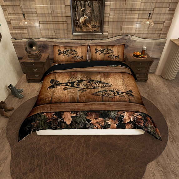 Camo Bass Fish Duvet Cover Fishing Bass Big Fish Bedding Set King Rustic Farmhouse Lake House Comforter Cover Men Fisherman,Retro Tree Branches Camouflage Cabin Quilt Cover(No Comforter)
