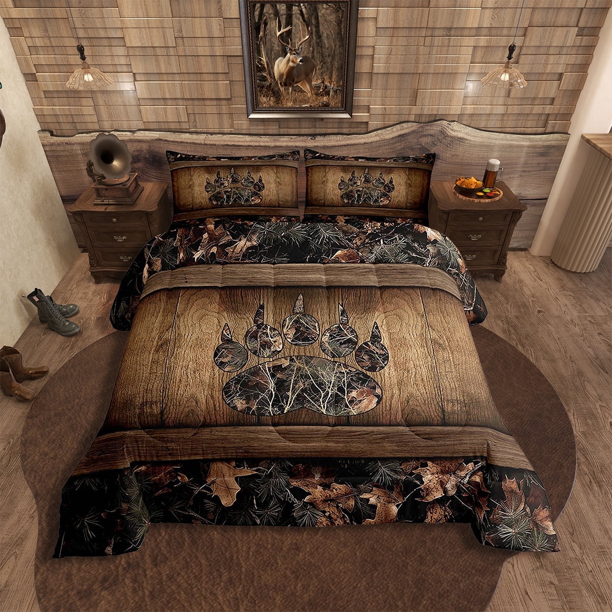 Camo Bear Paw Bedding Comforter Sets Hunting Woodland Wildlife Bedding Set King,Camouflage Rustic Cabin Comforter Set Farmhouse Woodland Board Animal Quilt Set Country Decor