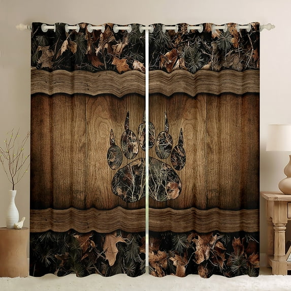 Camo Bear Paw Curtains & Drapes Hunting Woodland Wildlife Window Curtains 42"Wx90"L,Camouflage Rustic Cabin 30%-50% Blackout Curtains Farmhouse Woodland Board Animal Curtains 2 Panels
