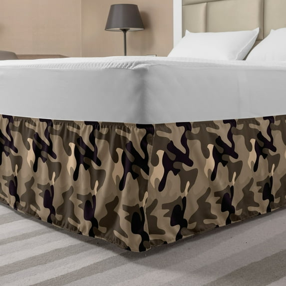 Camo Bed Skirt, Classic Camouflage Pattern in Earth Tones Equipment Fashion, Elastic Bedskirt Dust Ruffle Wrap Around for Bedding Decor, 4 Sizes, Taupe Dark Tan, by Ambesonne