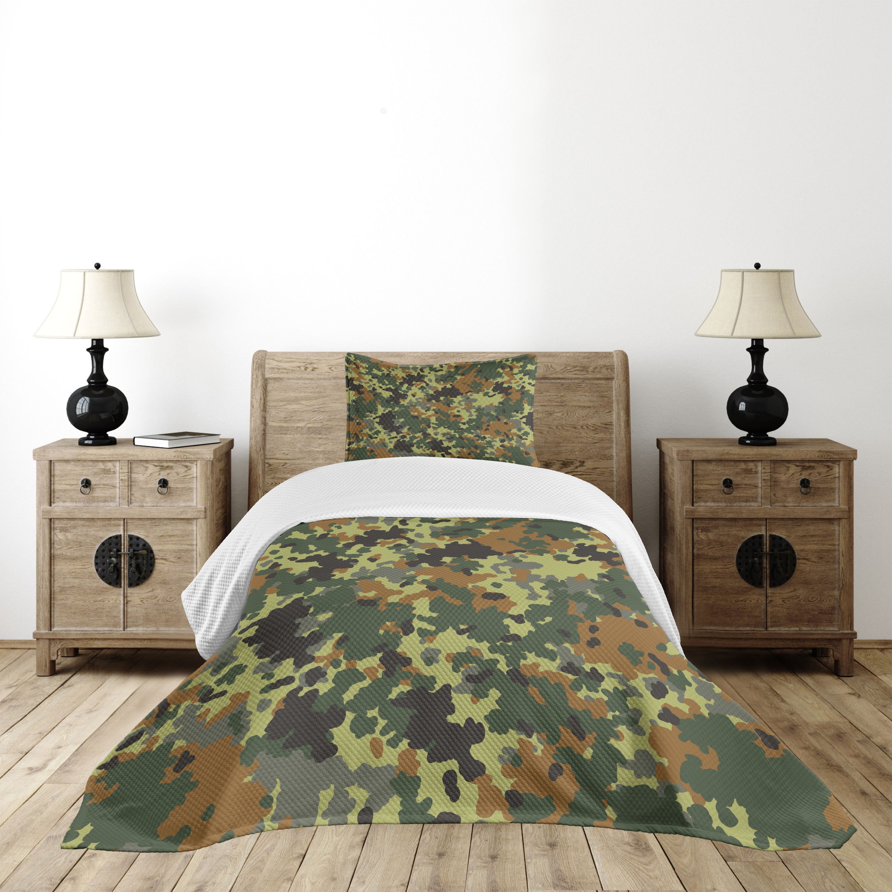 Camo Bedspread Set Twin Size, Classical Germany Camouflage Pattern