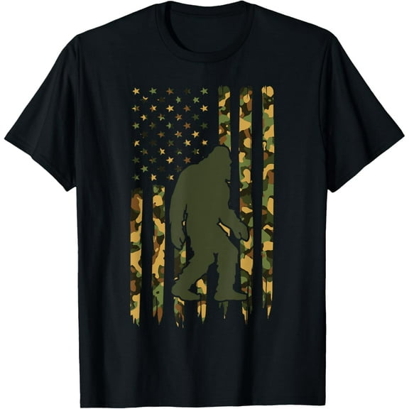 Camo Big Foot Sasquatch - Vintage Bigfoot American Flag T-ShirtMen and women, Black T-shirt, size: Extra large