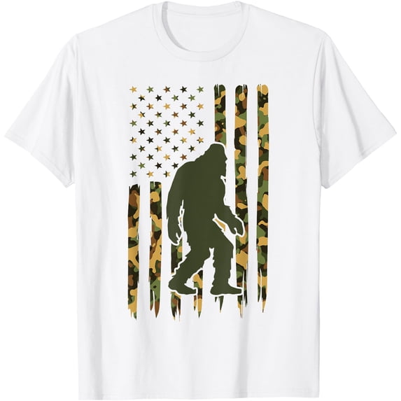 Camo Big Foot Sasquatch Vintage Bigfoot American Flag Unisex T-Shirt for Men Women Kids Toddler,White Color,Size L