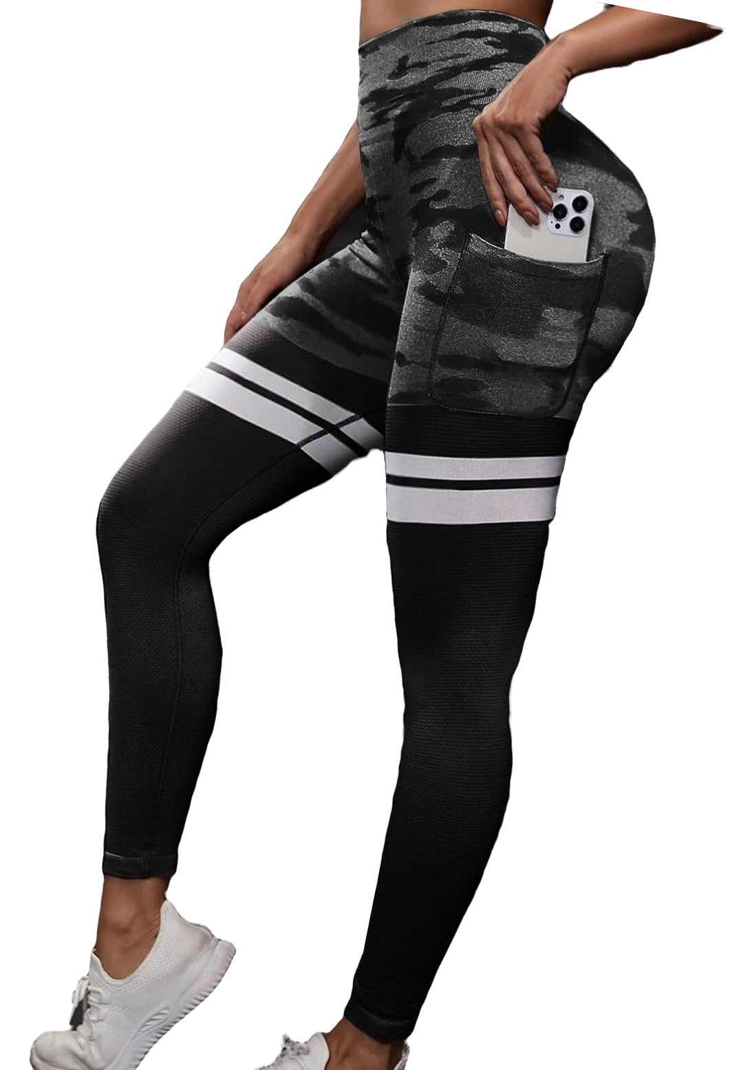 Camo Regular Black Leggings With Women's Sports Phone Pocket (Women's) 