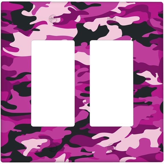 Camo Black Purple 2 Gang Light Switch Cover Decorative, Abstract Hunter Army Camouflage Double Rocker Wall Plate Decora Switchplate Electrical GFCI Faceplate for Kitchen Bathroom Wall Panel Decor
