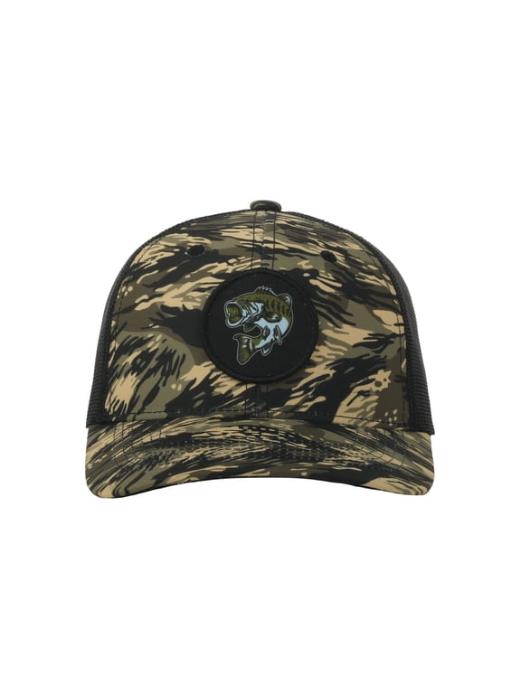 Camo/Black Bass Fishing Cap – Structured Mid Profile, Bass Patch, Snapback, One Size