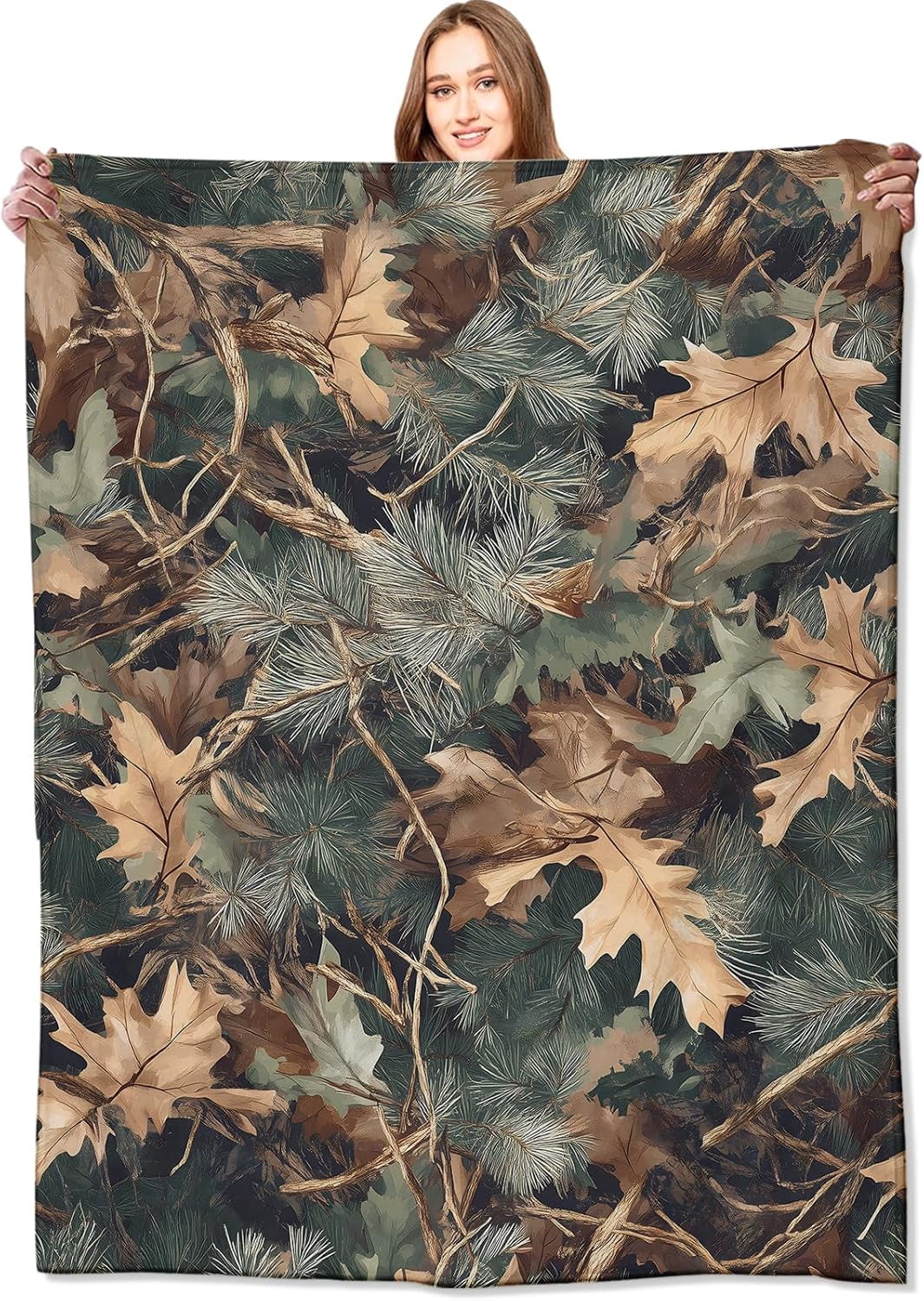 Camo Blanket,50x60in,Realistic Woodland Leaves and Pines Throw Blankets,Gifts for Kids Men Women & Nature Lovers, Lightweight Soft Fleece Cozy,for Sofa Couch Bed Room Cabin Decor