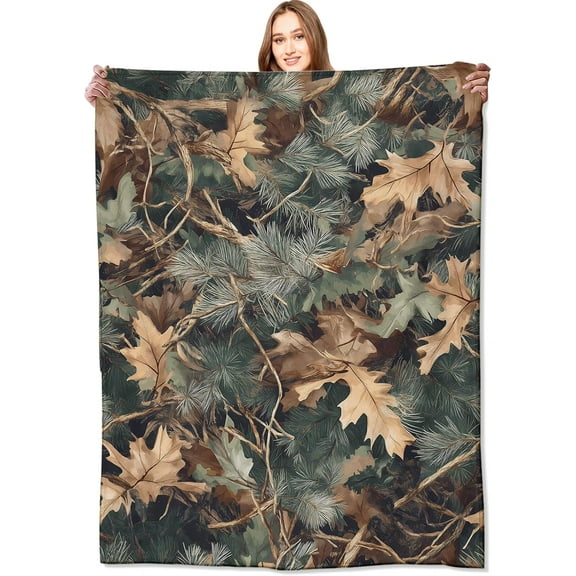 Camo Blanket,60x80in,Realistic Woodland Leaves and Pines Throw Blankets,Gifts for Kids Men Women & Nature Lovers, Lightweight Soft Fleece Cozy,for Sofa Couch Bed Room Cabin Decor