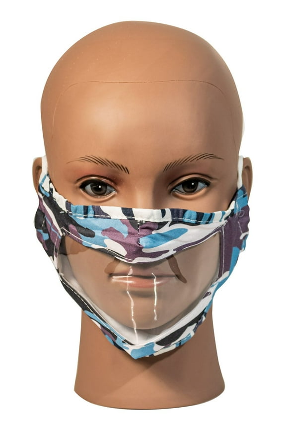 Camo Blue Reusable, Washable, Face Mask with Clear Window