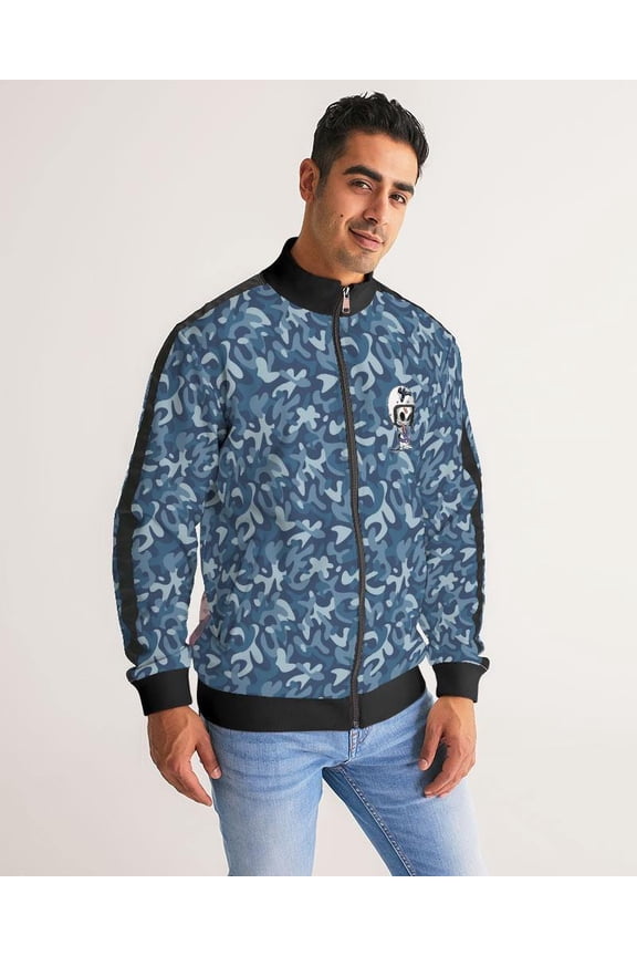 Camo Blue X Skull Men's Stripe-Sleeve Track Jacket