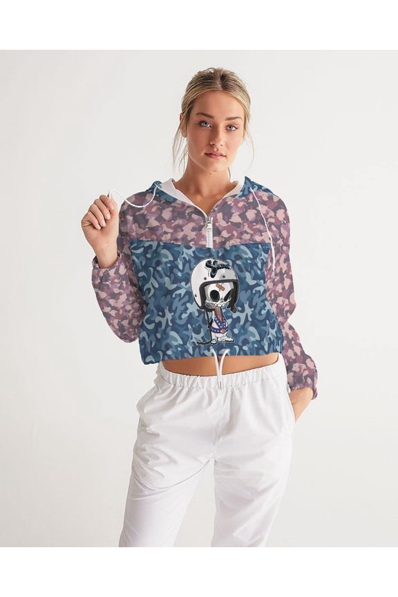 Camo Blue X Skull Women's Cropped Windbreaker