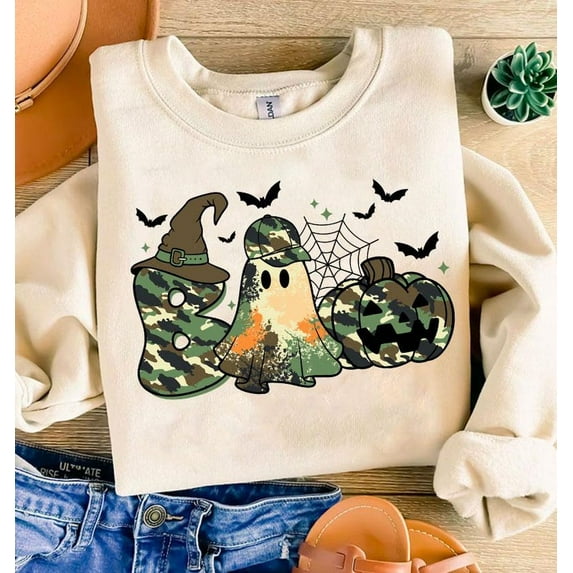 Camo Boo Ghost Halloween Sweatshirt, Coquette Camouflage Ghost Pullover, Retro Camo Ghost Sweatshirt with Cute Spooky Vibes