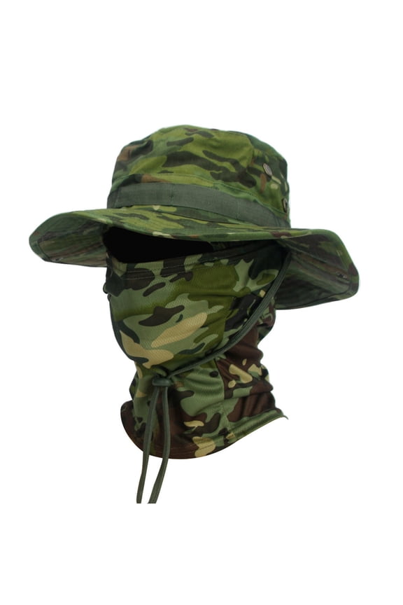 Camo Boonie Hat & Face Mask Combo for Men Women, Adjustable Breathable 2-in-1 Camo Hat, Lightweight Casual Hats, UV Sun Hat for Hunting, Fishing, Hiking, Camping, Outdoor Gear, Green_2