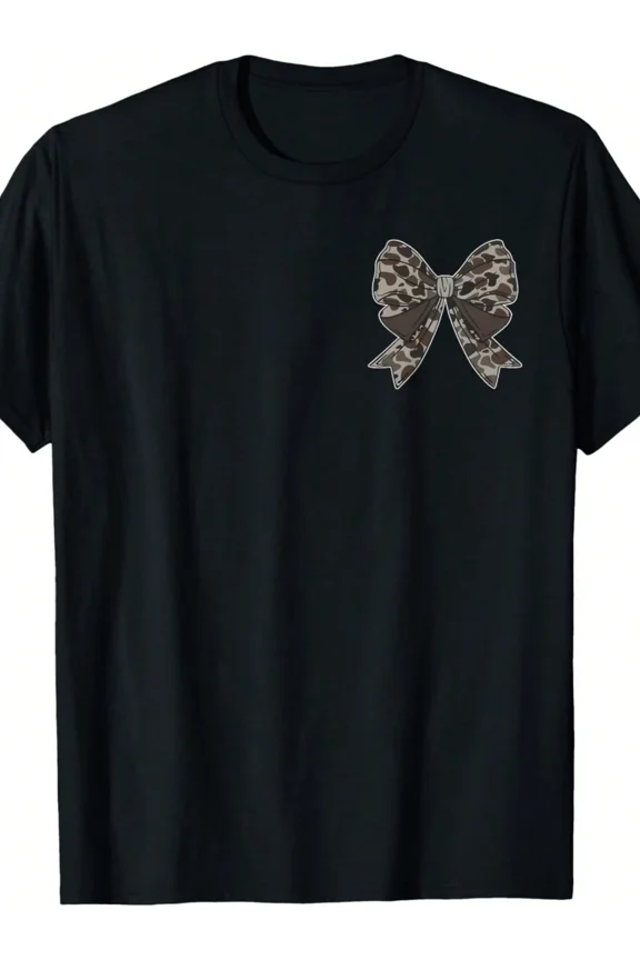 Camo Bow Graphic T-Shirt Camouflage Pattern Print Short Sleeve Tee for Women