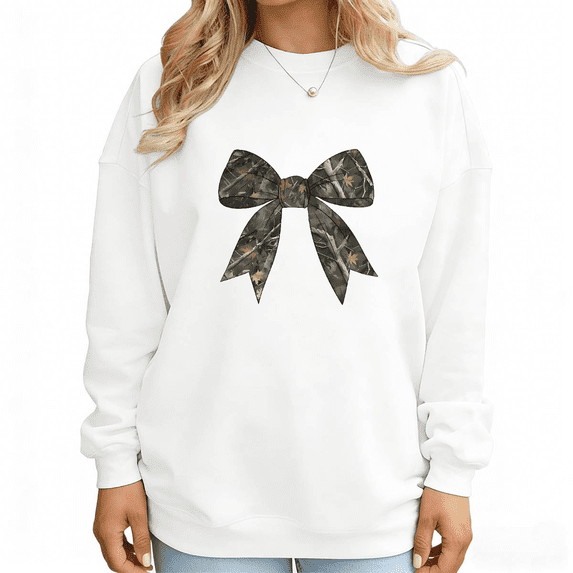 Camo Bow Print Sweatshirt Graphic Sweatshirt White Cute Casual Fall Wear S-3XL Womens Tops