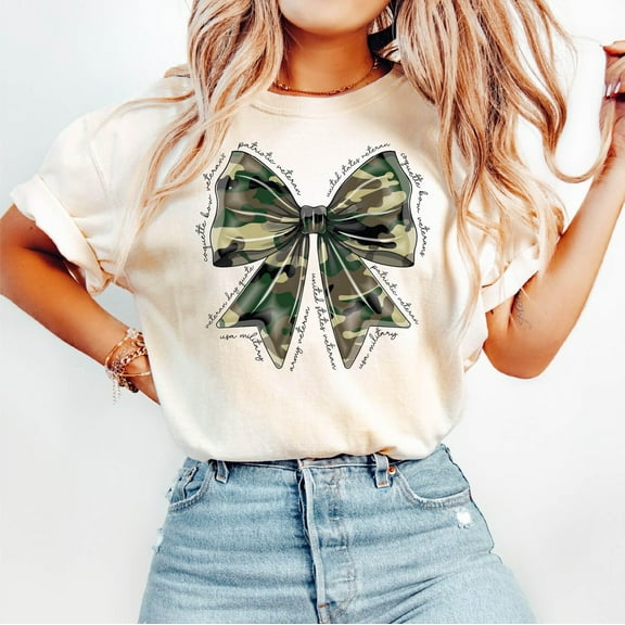 Camo Bow T-shirt, Camo Coquette Bow Shirt, Duck Hunting Shirt, Old School Camo Shirt, Usa Military Coquette Bow Shirts All Size S-5Xl