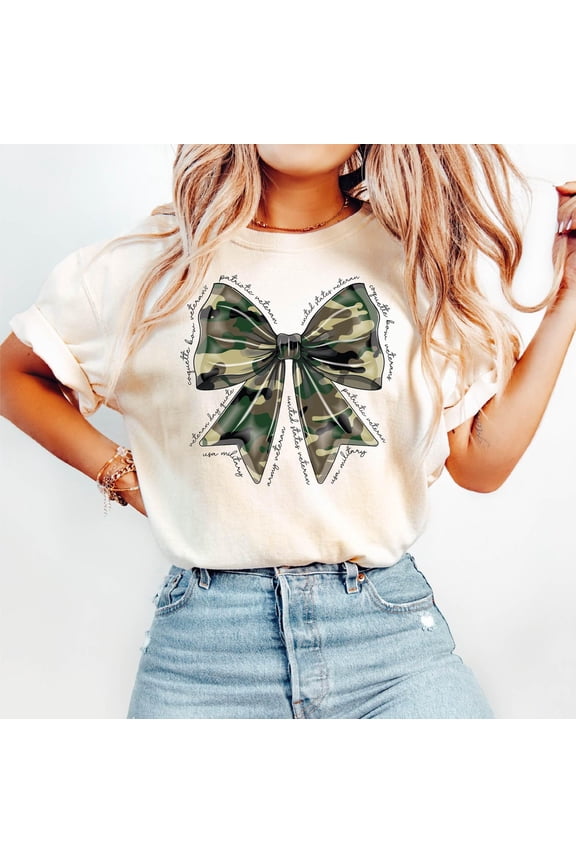 Camo Bow T-shirt, Camo Coquette Bow Shirt, Duck Hunting Shirt, Old School Camo Shirt, Usa Military Coquette Bow Shirts All Size S-5Xl