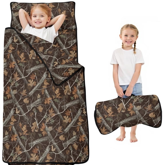 Camo and Branch Brown Pattern Kids Nap Mat, Sleeping Mat with Removable Pillow with Handle & Fastening Straps, Easy Roll Up Gifts for Toddlers Kids Boys Girls,50"x20"
