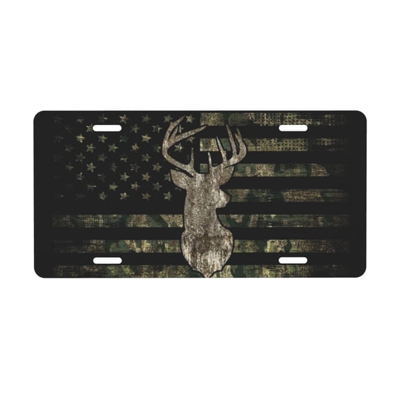 Camo Camouflage Hunting Deer American Flag Aluminum License Plate Decorative Metal Car Front License Plate with Car Tag Size: 12x6 Inches