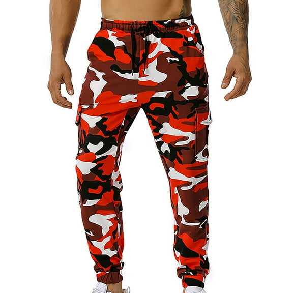 Camo Cargo Pants for Men Slim Fit Fashion Stretch Sweatpant with Drawstrings Comfortable Track Trousers for Travel Training Running Red L