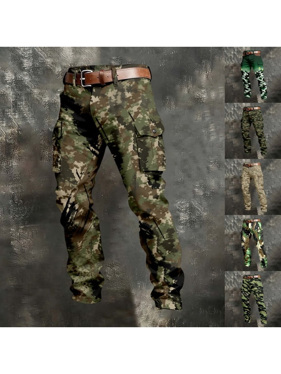 Camo Cargo Pants for Men Workwear Outdoor Belt Pant Spring Fall Slim Straight Trousers XXXL
