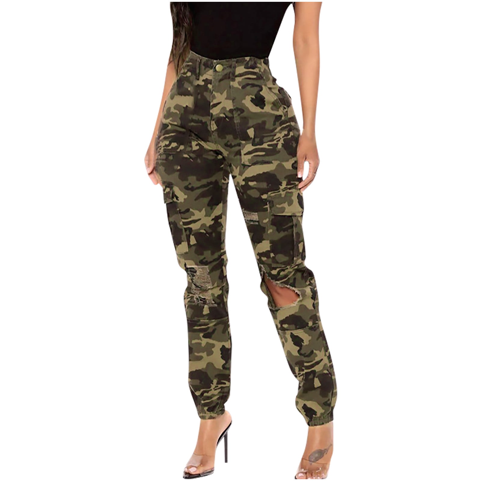 Camo Cargo Pants for Women Slim Fit High Waisted Cut Out Ripped Jean Work Pants with Multi Pockets Plus Size XX Large Multicolor