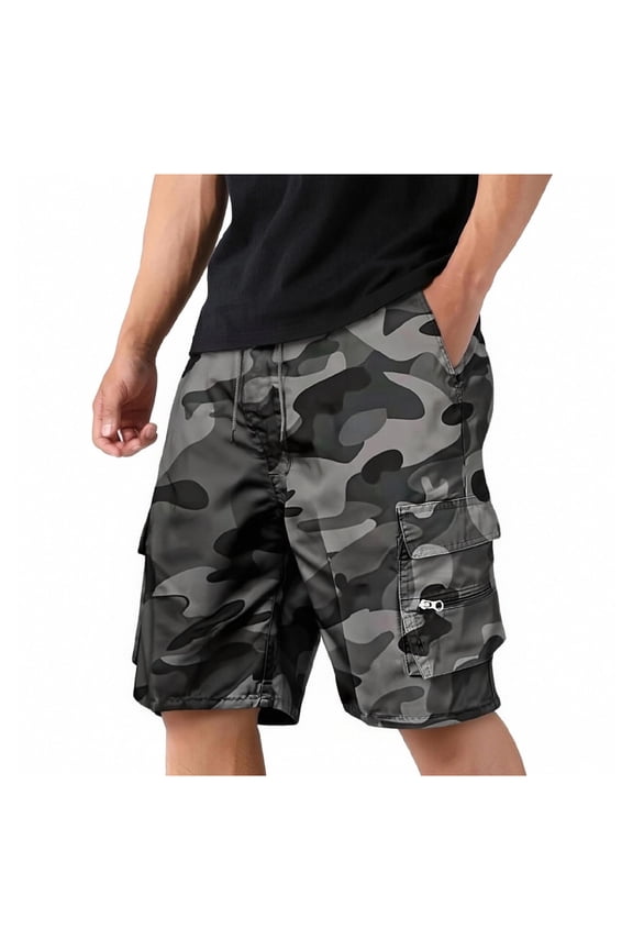 Camo Cargo Shorts for Men Elastic Waistband Drawstring Short Pants Outdoor Casual Workout Lightweight Big & Tall Cargo Short with Multi-Pocket Quick Dry Bermuda Short,Gray M