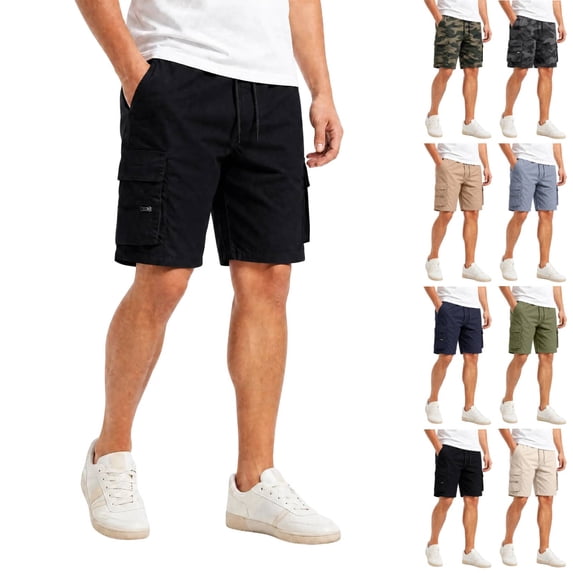 Camo Cargo Shorts Mens Drawstring Knee Length Elastic Waist Lightweight with Pockets Black L