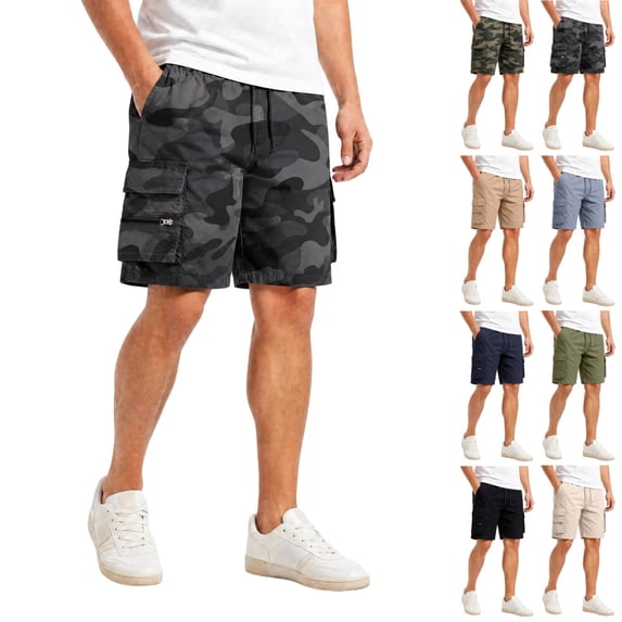Camo Cargo Shorts Mens Drawstring Knee Length Elastic Waist Lightweight with Pockets Dark Gray 2XL