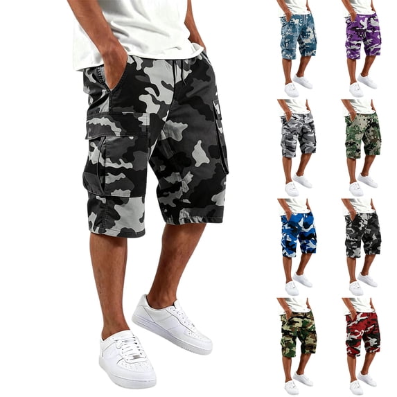 Camo Cargo Shorts for Men Below Knee Length Hiking Work Relaxed Fit Capri Shorts with Multi Pockets Red M
