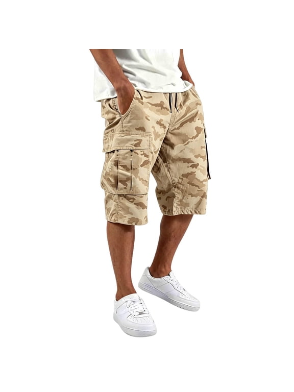 Camo Cargo Shorts for Men Summer Workout Hiking Shorts with Pockets Knee Length Casual Loose Bermuda Athletic Short