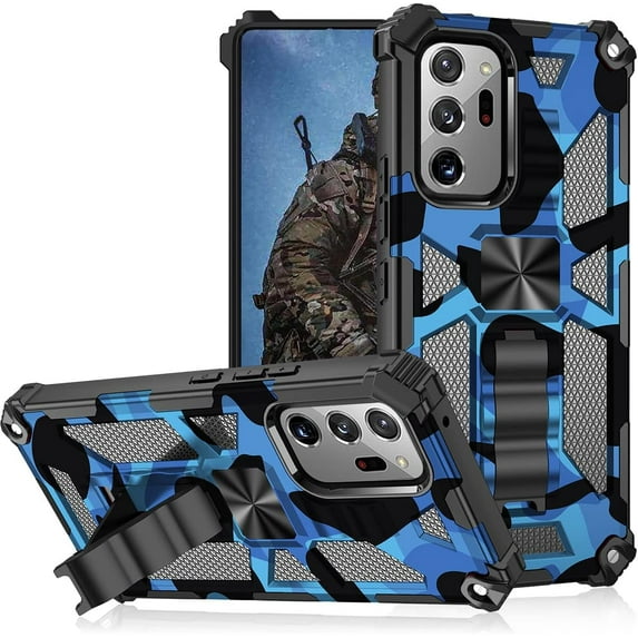 Camo Case for Samsung Galaxy Note20 Ultra (Not Note 20) with Kickstand, Rugged Outdoor Military Grade Shockproof Phone Case for Samsung Galaxy Note 20 Ultra Camouflage Blue