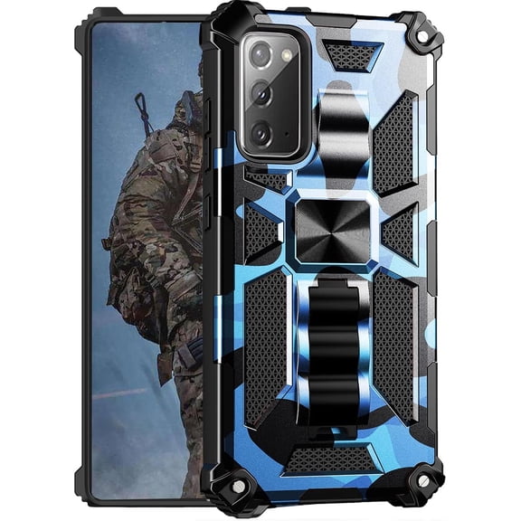 Camo Case for Samsung Galaxy Note 20 with Kickstand, Rugged Outdoor Military Grade Shockproof Phone Case for Samsung Galaxy Note 20 Camouflage Blue