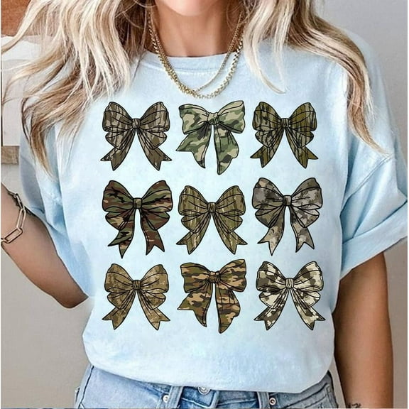 Camo Coquette T-Shirt, Camouflage Bow Graphic Tee, Retro Cowgirl Aesthetic Shirt, Cute Trendy Mama T-Shirt