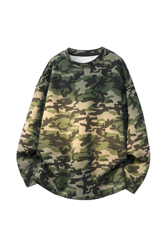 Camo Crewneck Sweatshirt Mens Long Sleeve Loose Fit Pullover Sweatshirt Hoodless Military Combat Hiking Camouflage Shirt Size-M