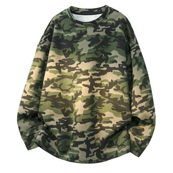 Camo Crewneck Sweatshirt Mens Long Sleeve Loose Fit Pullover Sweatshirt Hoodless Military Combat Hiking Camouflage Shirt Size-XXXL