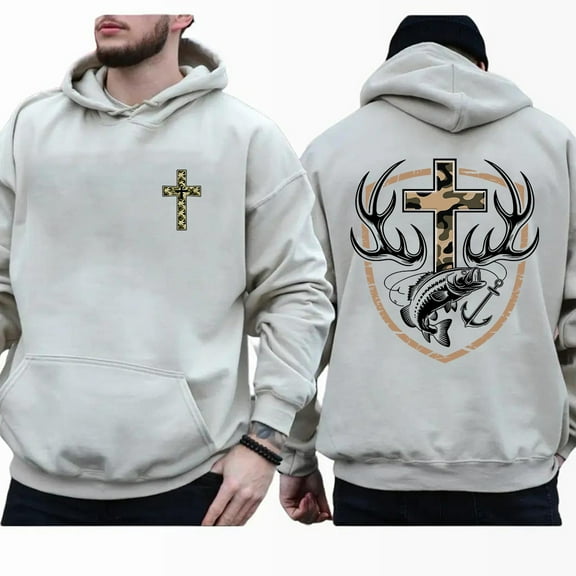 Camo Cross Hunting Double-Sided Hoodie – Outdoor Christian Faith Hoodie with Antler & Fish Graphic, Hunting Streetwear Gift for Men & Women
