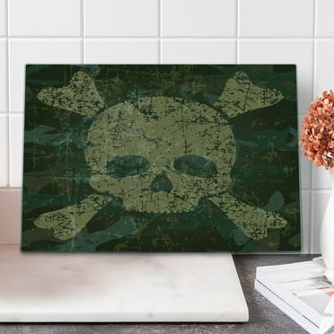 Camo Cutting Board, Abstract Texture Skull and Crossbones Pattern Aged Rusty Grunge Style, Decorative Tempered Glass Cutting and Serving Board, Large Size, Dark Green Khaki Cream, by Ambesonne