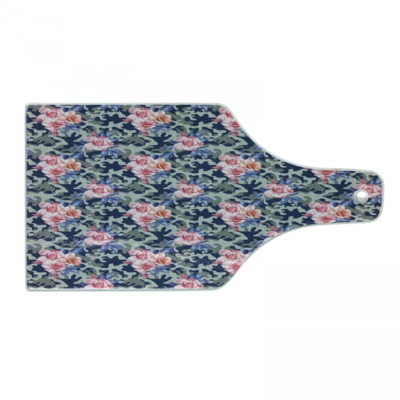 Camo Cutting Board, Victorian Theme Pink Retro Design Roses Urban Fashion Nature Feminine, Decorative Tempered Glass Cutting and Serving Board, Wine Bottle Shape, Violet Blue Sage Green, by Ambesonne