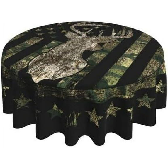 Camo Deer American Flag Camouflage Patriotic Veteran Waterproof Picnic Patio Party Round Table Cloth Cover Decorations Fabric 60 Inch Circular Tablecloth For 20-47 Inch Home Dining Room Kitchen