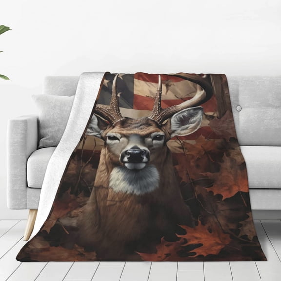 Camo Deer American Flag Forest Camo Printed Throw Blanket,Kids Adults Soft Lightweight Flannel Fleece Blanket for Couch Sofa Bed Living Room 50"×60"
