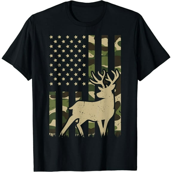 Camo Deer American Flag Graphic Hunting Gifts Men Dad Boys T-Shirt