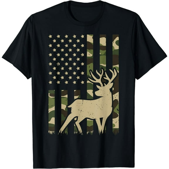 Camo Deer American Flag Graphic Hunting Gifts Men Dad Boys T-Shirt