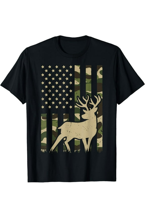 Camo Deer American Flag Graphic Hunting Gifts Men Dad Boys T-Shirt