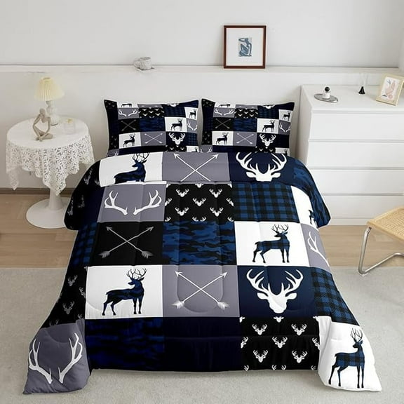 Camo Deer Antlers Comforter Set Toddler,Geometric Plaid Patchwork Bedding Set for Kids Teens Girls Boys Room Decor,Boho Arrow Xmas Quilt Set,Blue Grey Duvet Insert
