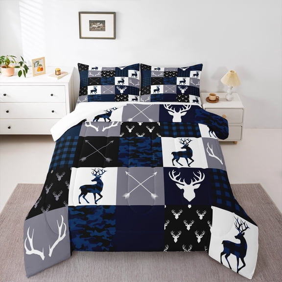 Camo Deer Antlers Comforter Set Toddler,Geometric Plaid Patchwork Bedding Set for Kids Teens Girls Boys Room Decor,Boho Arrow Xmas Quilt Set,Blue Grey Duvet Insert