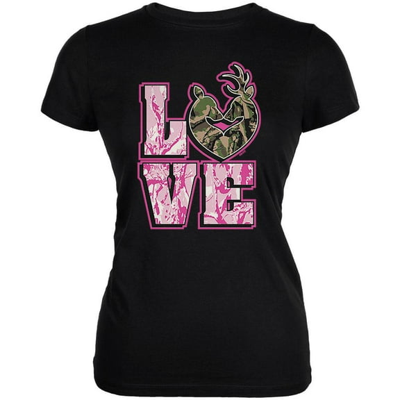 Camo Deer Couple LOVE Juniors Soft T Shirt Black X-LG