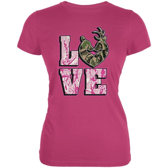 Camo Deer Couple LOVE Juniors Soft T Shirt Bright Berry LG