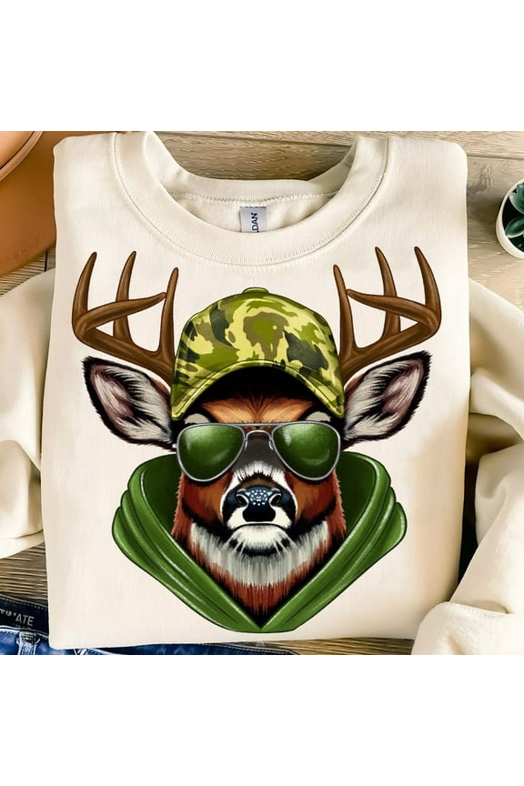 Camo Deer Hunting Sweatshirt, Sunglasses Buck Camouflage Shirt, Military Style Hunter Pullover for Outdoorsmen BTO